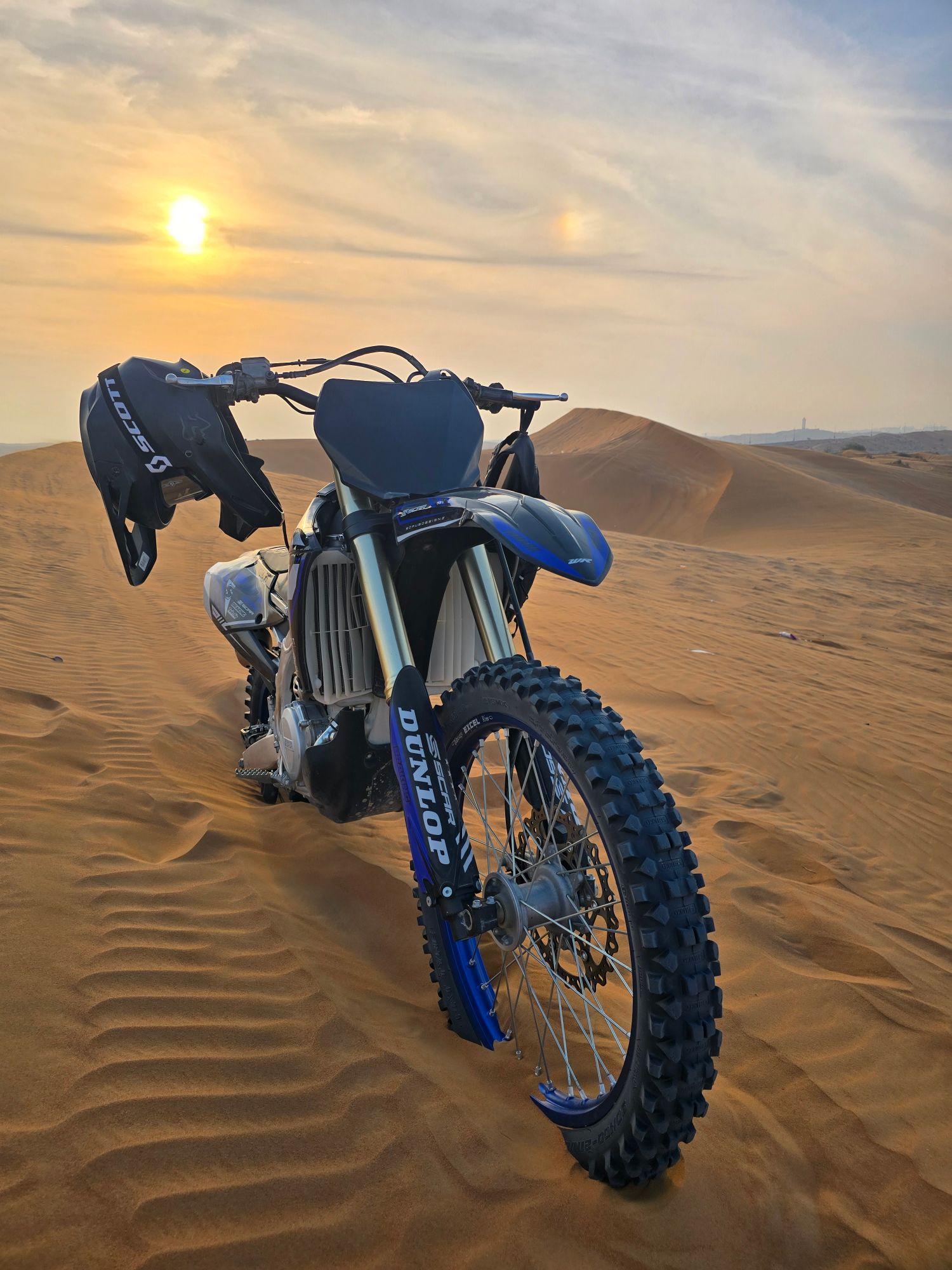 Yamaha dirt bike in the Ras Al Khaimah desert at sunset